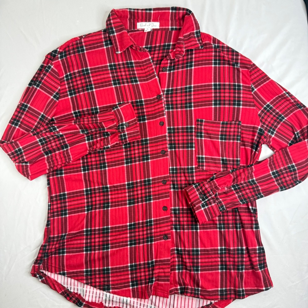 Birch and Stone Red Black Plaid Ribbed Button Down Shirt Womens L Long Sleeve